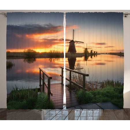 Orange Windmill - Nature Curtains 2 Panels Set, Landscape with Traditional Famous Dutch Windmills on Background near the Canal Photo, Living Room Bedroom Decor, Orange Blue, by Ambesonne
