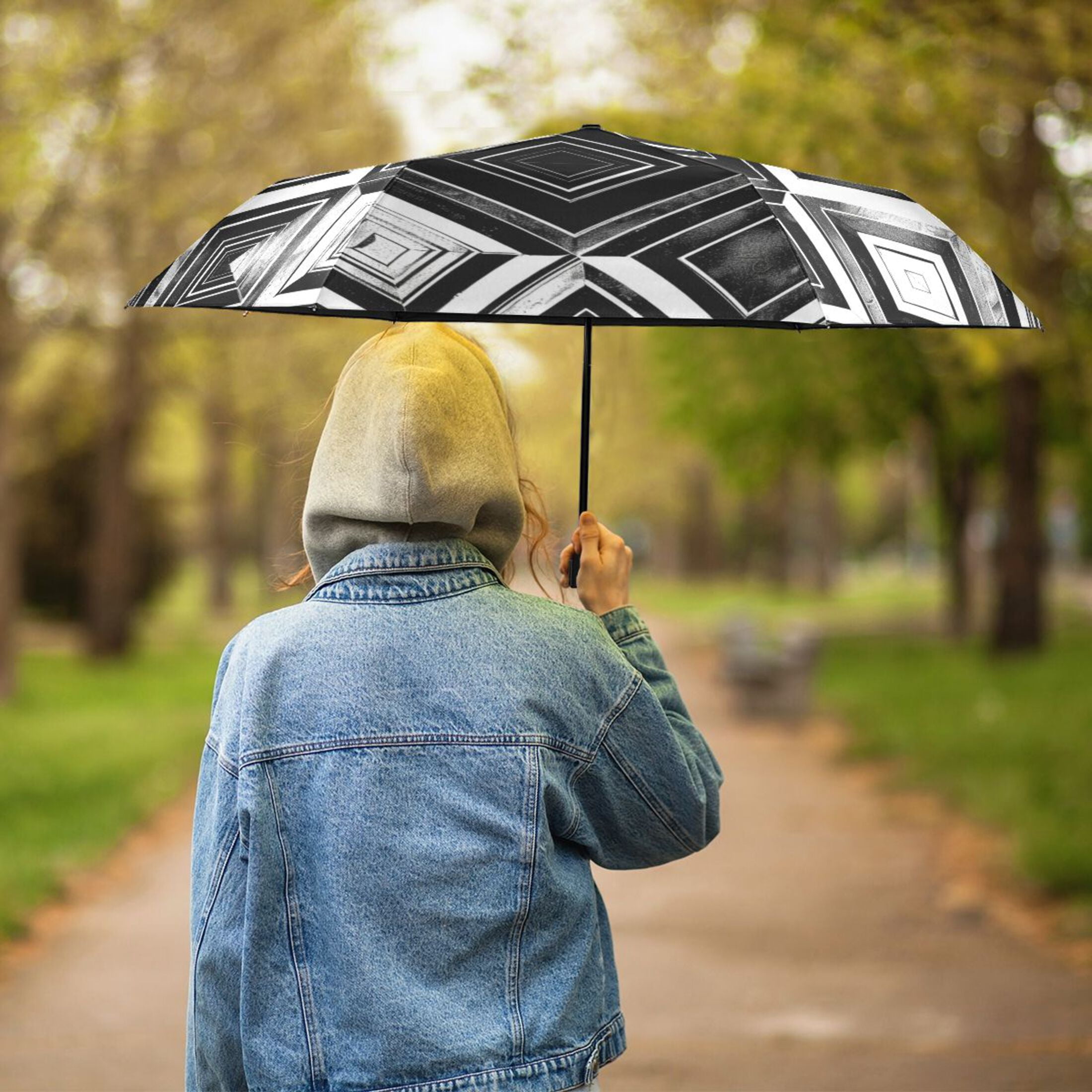 ALAZA Geometry Checkered Plaid Pattern UPF 50+ Compact Folding Umbrella for Rain Travel Umbrella Packable