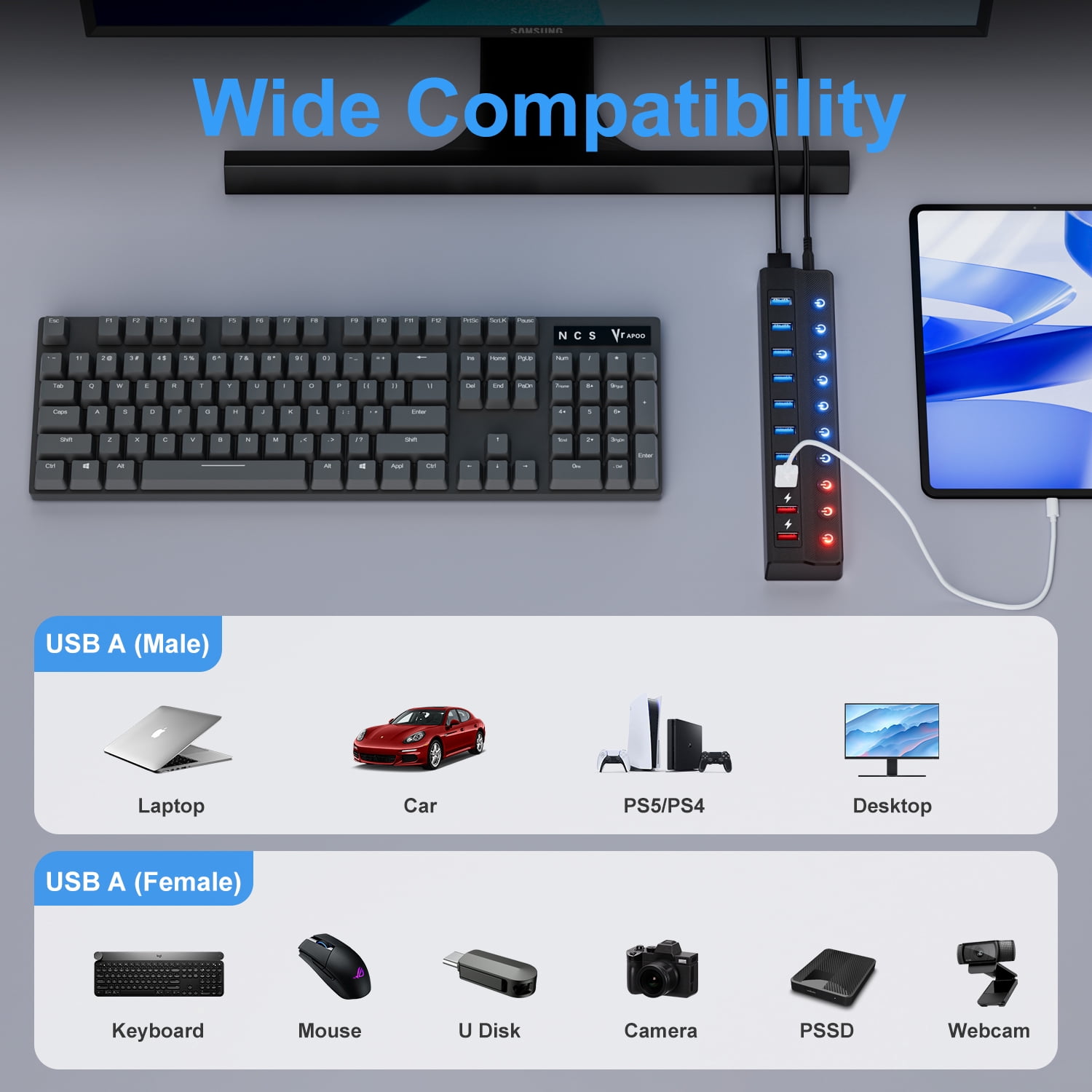 Powered USB Hub 3.0, 10-Port USB Splitter Hub (7 Faster Data Transfer Ports+ 3 Smart Charging Ports) with Individual LED On/Off Switches and 12V/3A Power Adapter USB Extension for Mac, PC and More
