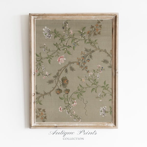 Botanical Print, Neutral Floral Wall Art, Vintage Cottage Art, Floral Pattern Textile, Farmhouse Decor Poster, Unframed Poster Size 8x12