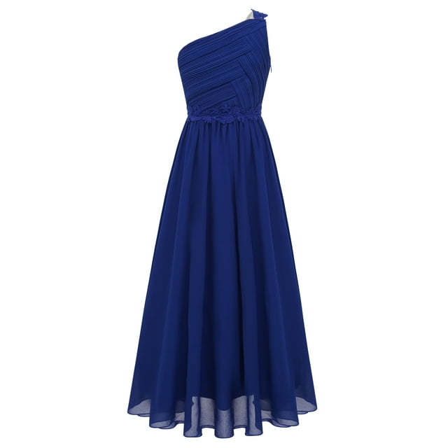 Aiihoo Robe de Demoiselle d'Honneur pour Enfants à une Épaule pour Mariage, Robe Maxi Froncée Ligne A, Longue Robe de Soirée Bal Bleu 10