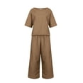 thumbnail image 4 of Fmbrln Womens Summer Linen 2 Piece Sets Casual Loose Fit Solid Color Crew Neck Short Sleeve Tops and Wide Leg Pants Sets Lounge Outfits Khaki M, 4 of 5