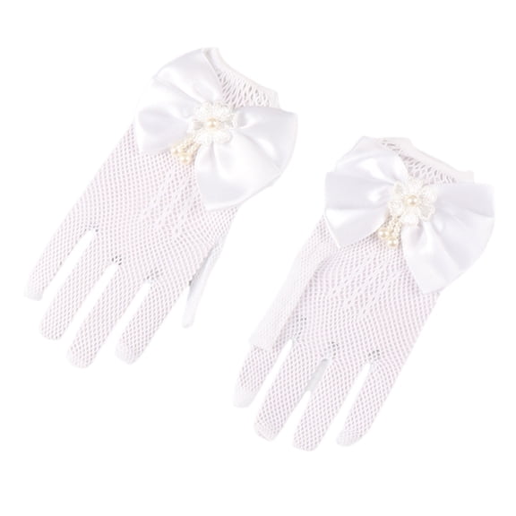 SDFGTstore Girls' Elegant Mittens Lace Faux Pearls Fishnet Gloves with Soft Lace Detailing