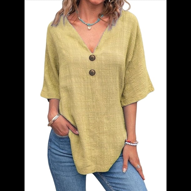 Camiseta de y Algodón para Mujer, Informal, con Doble Botón Frontal, Abierta, Amarilla, Talla XXL