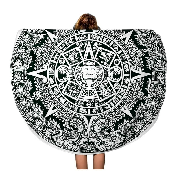 SIDONKU 60 inch Round Beach Towel Blanket Aztec Mayan Symbols Calendar