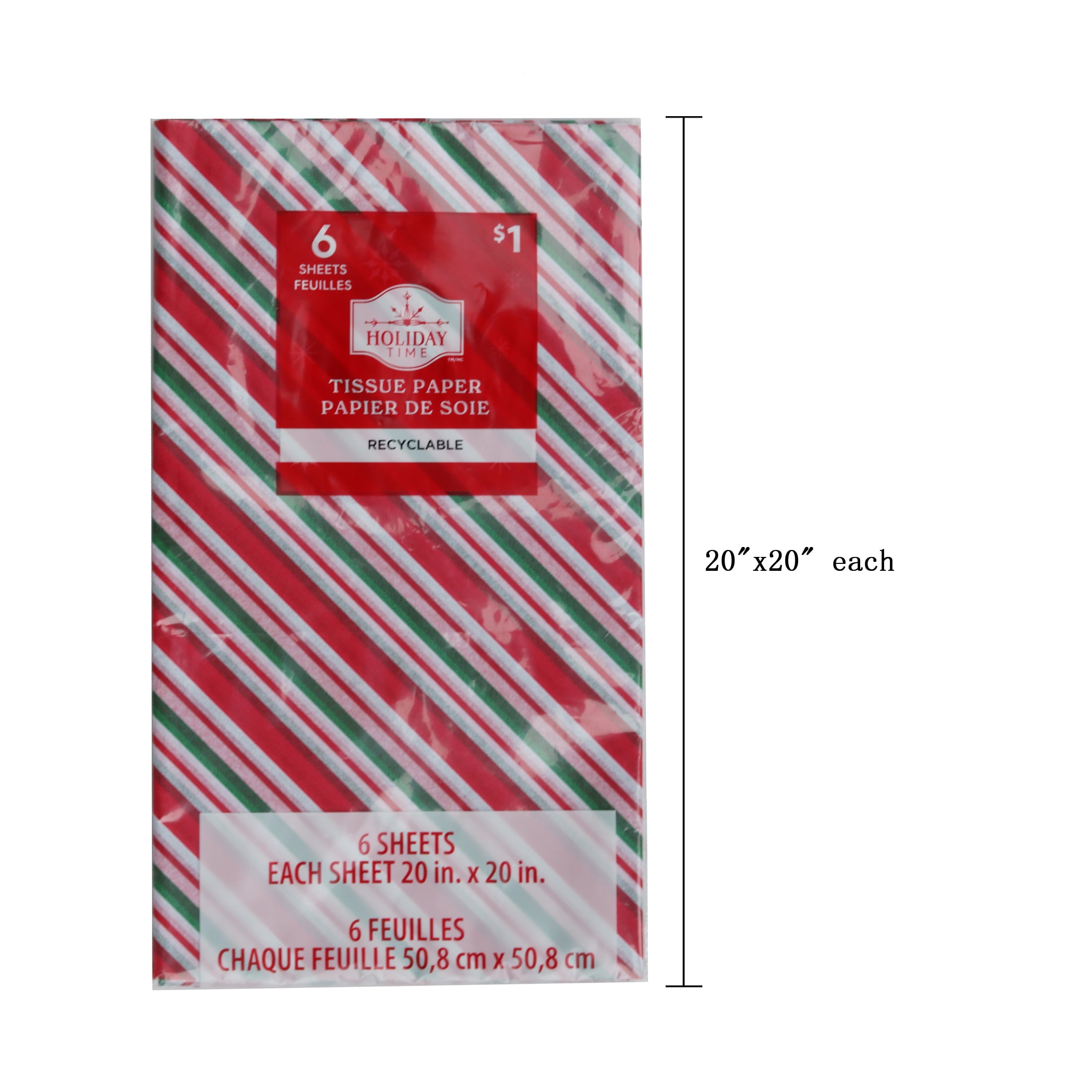 Holiday Time Red, Green, and White Christmas Tissue Paper, 6 Count, HOLIDAY TIME PL 6CT STRIPES TISSUE