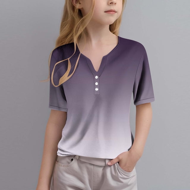 Soki Shirts T - pour Filles Dégradé T-Shirt Manches Courtes Hauts T-Shirt Col en V Tee 3-14 Ans