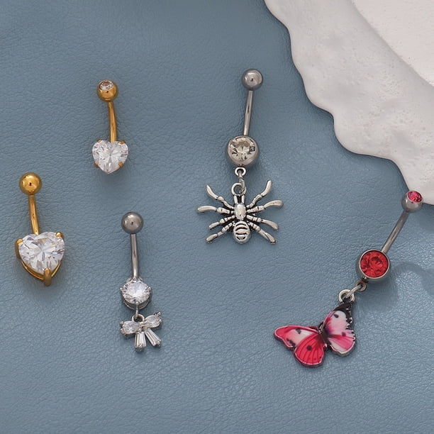 Set De 8 Piercings Para Ombligo De Acero Inoxidable | Diseños De Mariposa Y Cristales En Plata Y Rosa | Hipoalergénicos Y Duraderos | Regalo Ideal Para Ella