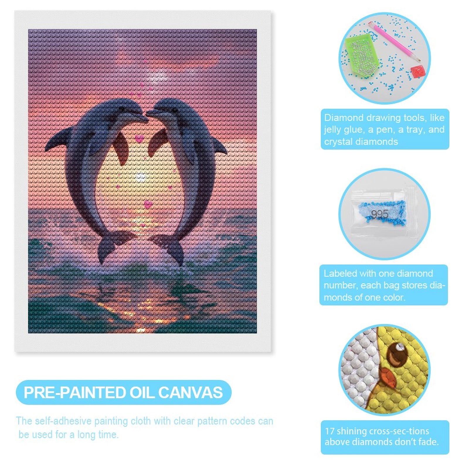 Diamond Art Kits for Adults, Dolphins Sunset Ocean Romance 5D Diamond Painting Kits for Adults Beginners, DIY Full Drill Diamond Painting, Gem Art and Crafts 12x16