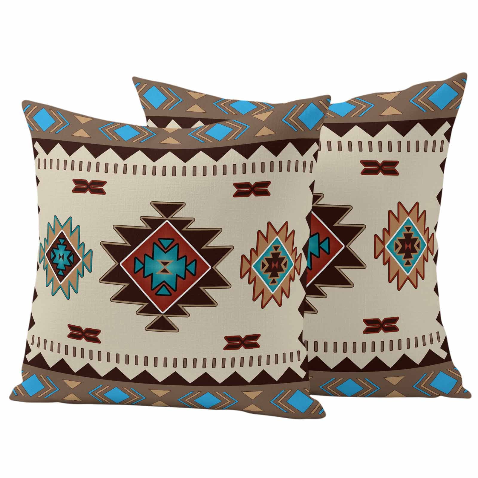 Pack of 2 Outdoor Pillow Covers,Waterproof Boho Southwest Throw Pillow Covers,Farmhouse Aztec Tribe Brown Blue Plaid Decorative Pillowcases Cushion Covers for Couch Pillow Sham Protector 18x18 Inch