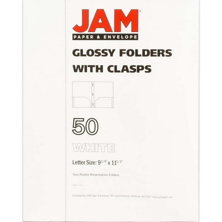 JAM Glossy Two Pocket Clip Folders, White, 50/Pack