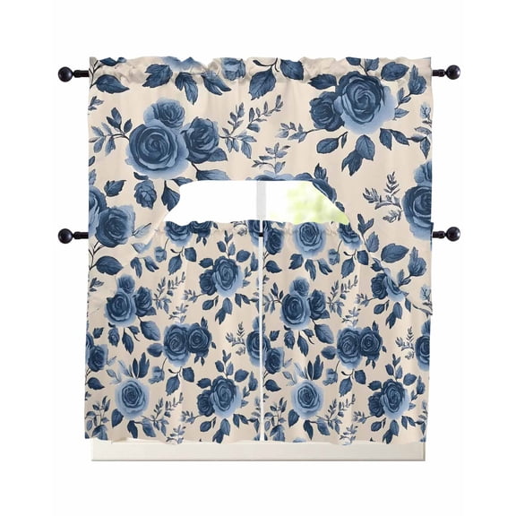 Navy Blue Floral Swag Curtains for Living Room/Bedroom Windows, Rustic Spring Flower Blossom Kitchen Curtains and Valances Set 36 Inch Length, Light Filtering Swags Valance Curtain Panels