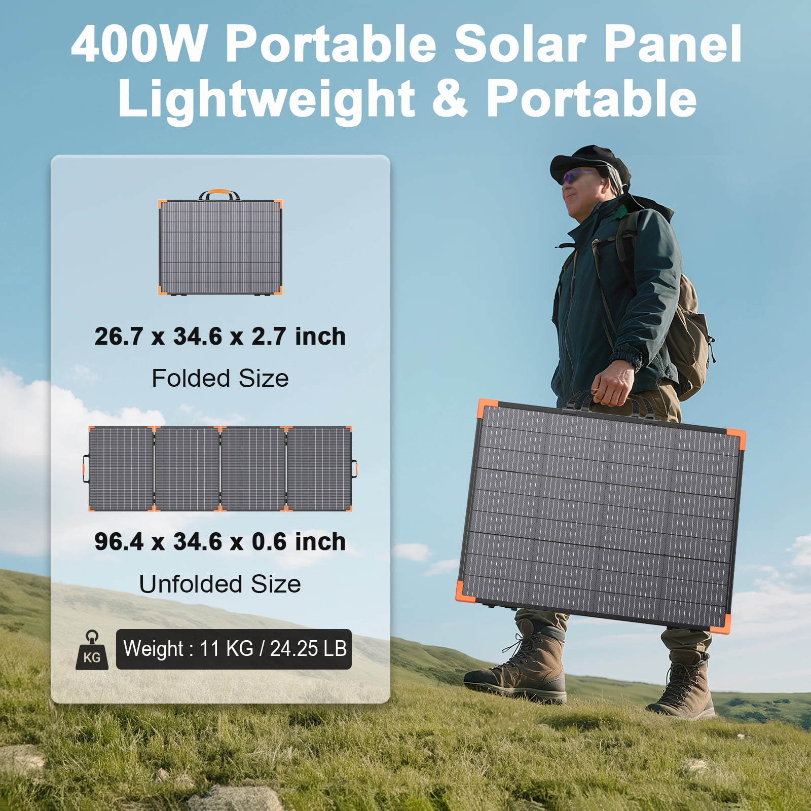 MHPOWOS 400W Portable Bifacial Solar Panel IP68 Lightweight Aluminum Frame for Power Station RV Camping