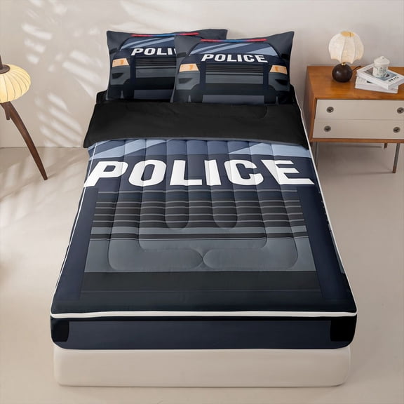 Manfei Police Car Zipper Twin Comforter Sets with Fitted Sheet and 2 Pillowcases,Boys Friendly Theme Zipper Bedding Set,Gray,Black Reversible,4pcs