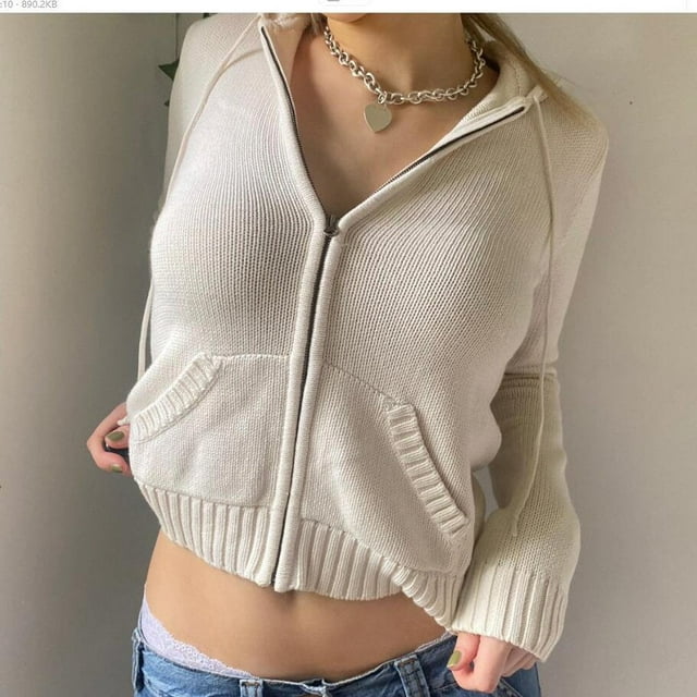 Sweats à Capuche en Maille Zippée pour Femmes Casual Uni à Manches Longues