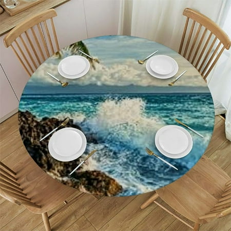 

SheronV Palm Tree Waves Round Tablecloth Waterproof Stain-Resistant 42 -46