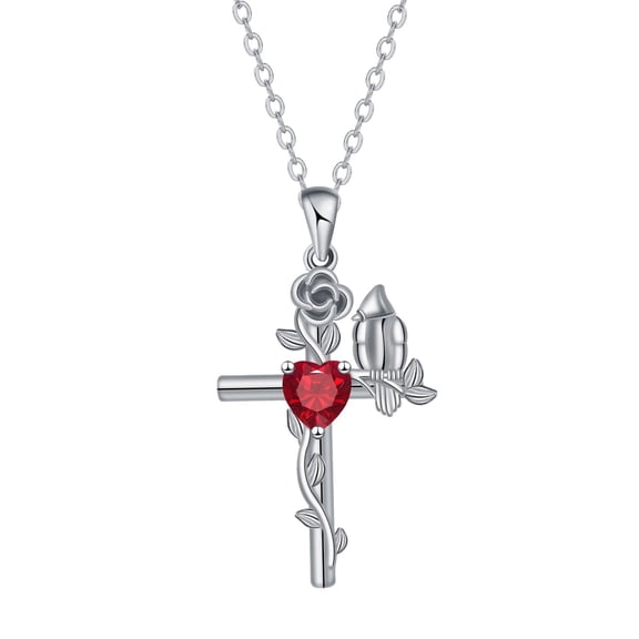 White Gold Plated Cross Pendant Necklace with Rose, Bird and Red Heart Gem - Christian Jewelry Gift for Her, Perfect for Valentine's Day, Anniversary, Birthday