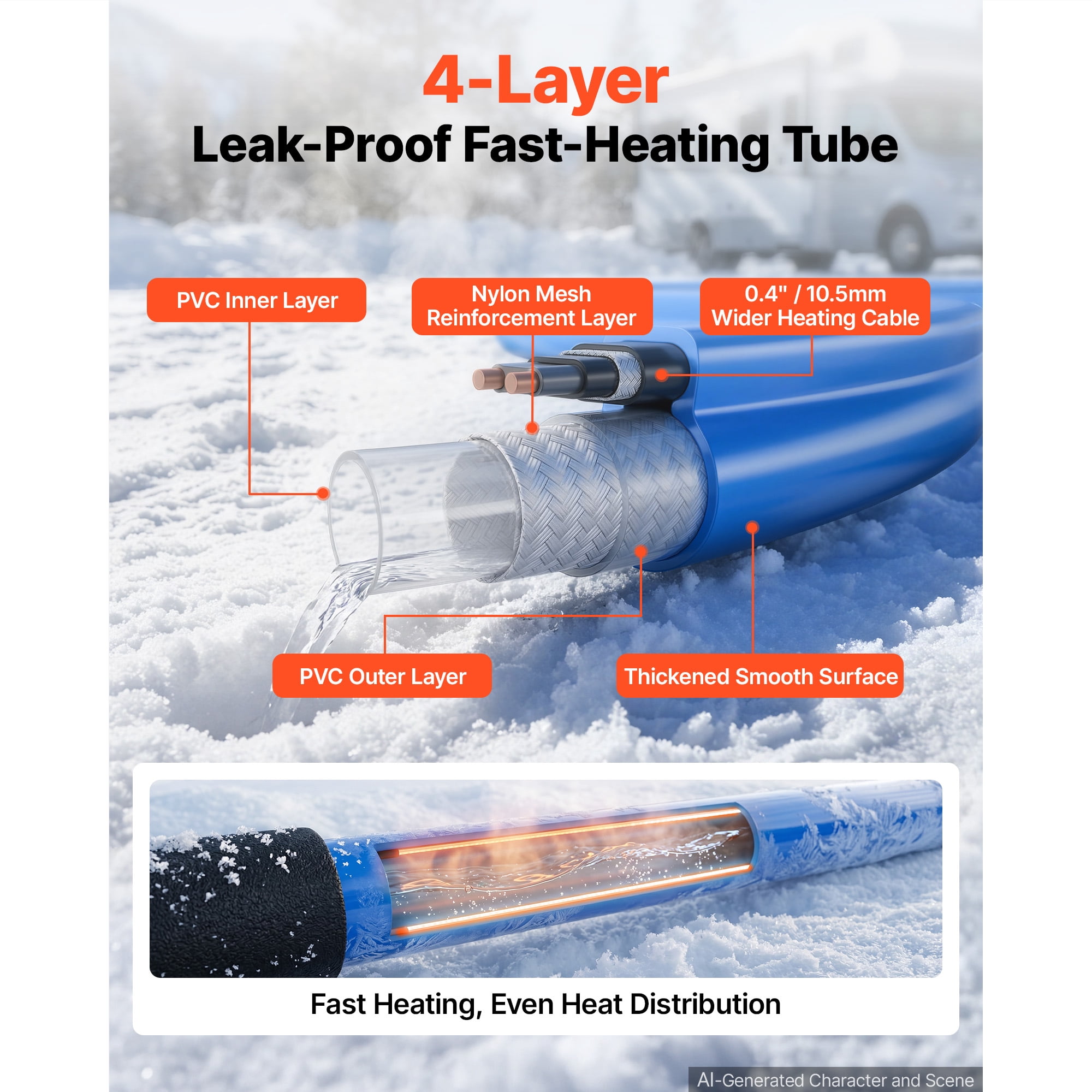 KFFKFF 50FT Heated Water Hose for RV, Antifreeze to -45°F, 1/2" ID, Smooth Surface, Built-in Thermostat, Freeze-Resistant, Leak-Proof, Lead-Free, BPA-Free, Quick Heating for RVs, Camping, and Gardens