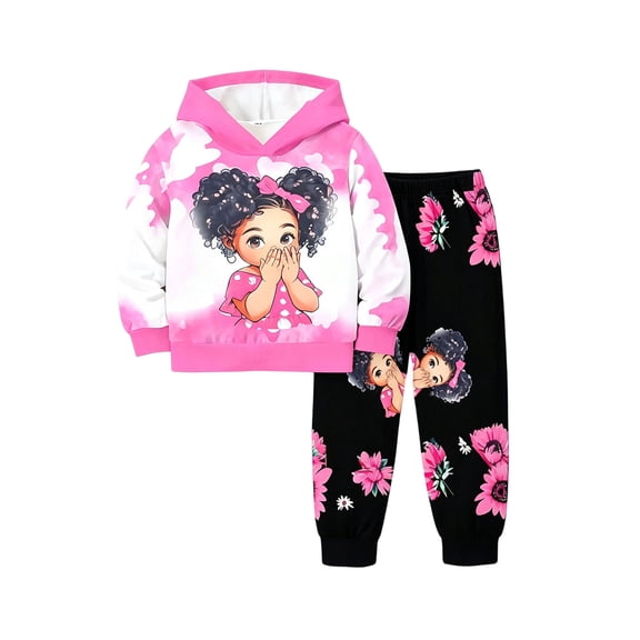 Glisme Girls Outfit Set Graphic Print Long Sleeve Hooded Tops With Pants Outfit Cozy Soft Girls Set Size 1-2 Years Pink