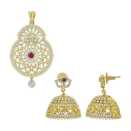 - Gem Avenue Gold Plated Bollywood Indian Earrings Pendant Set Synthetic Ruby with Cubic Zirconia and Pearl