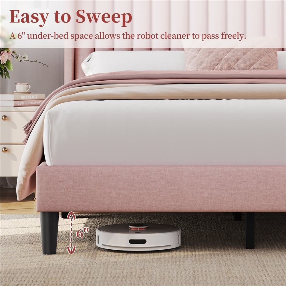 Yaheetech Upholstered Platform Bed Frame with Channel Tufted Headboard, Queen, Pink