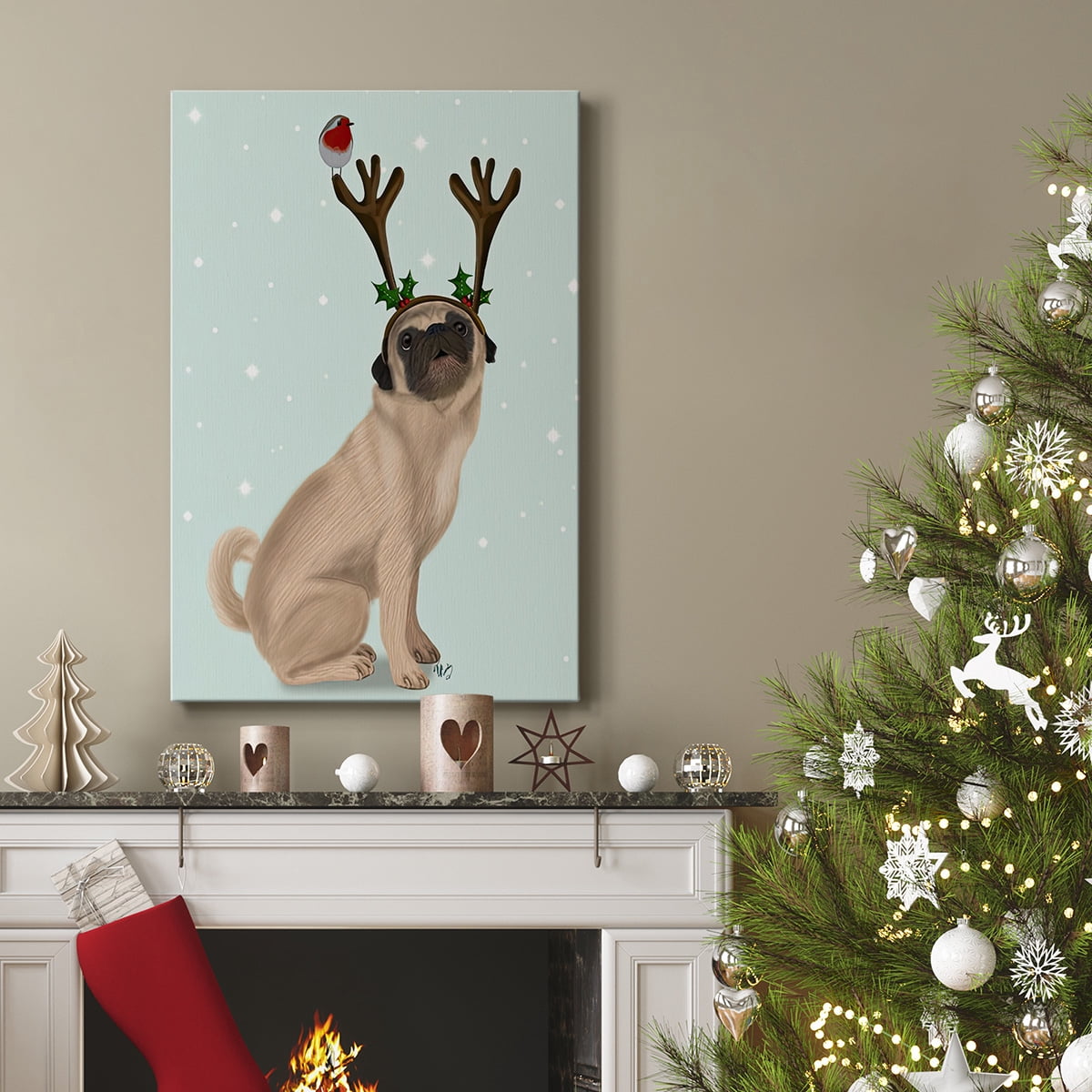 Christmas Pug with Antlers and Robin- Gallery Wrapped Canvas