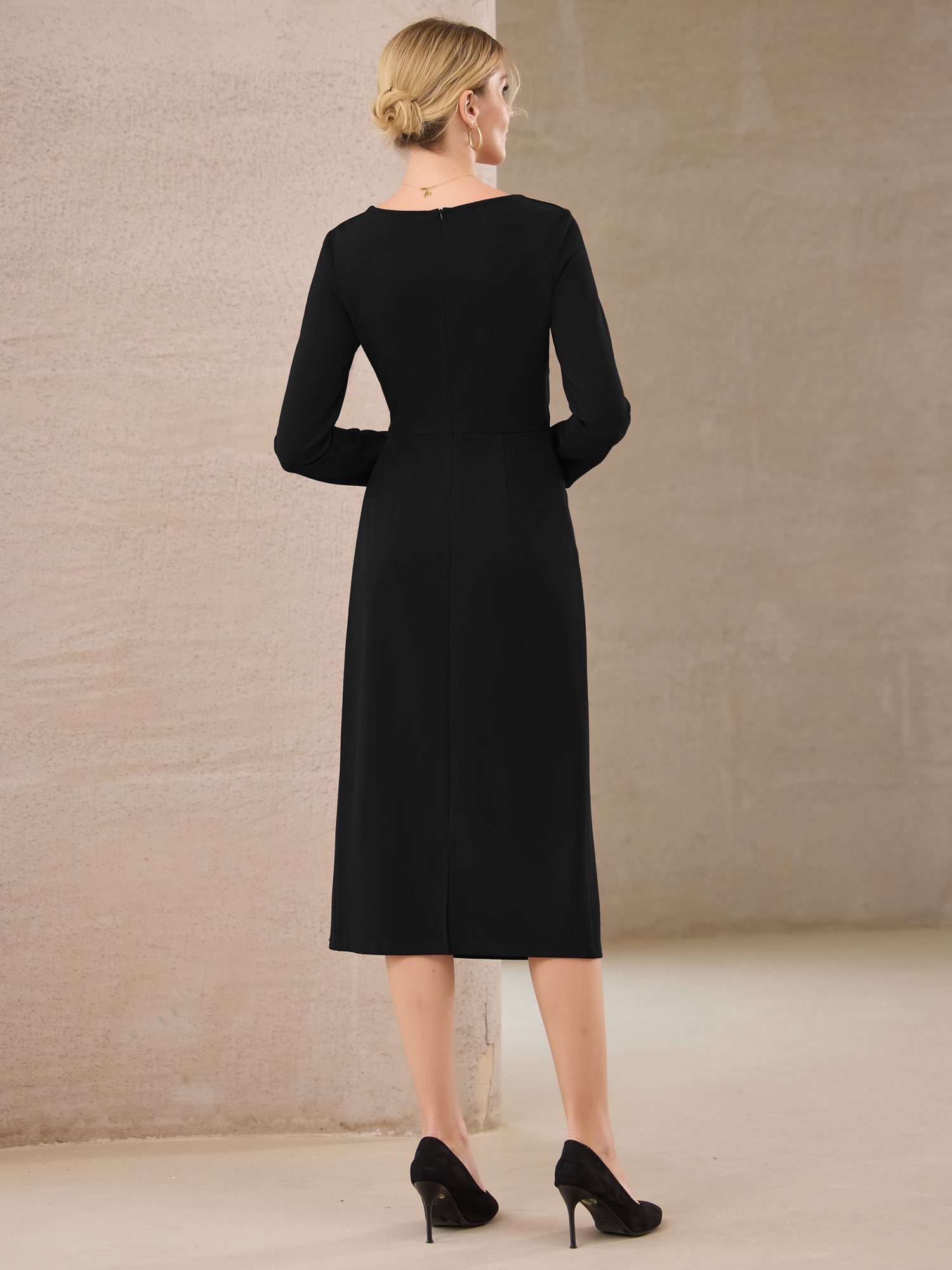 DARING DIVA Women's Knee Length Long Sleeve Tie Waist Work Sheath Dress L Black