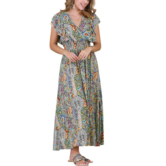 INSPIRE CHIC Women's Ruffle Short Sleeve V Neck Dress Boho Flowy Smocked Elastic Waist Casual Long Dress S Multicolor