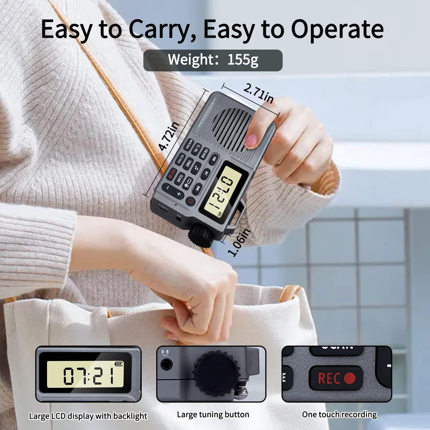 Portable AM/FM Radio with Bluetooth Speaker, Recording, Alarm Clock, and Long Battery Life | Compact Design for Home, Outdoor, and Travel