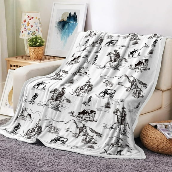 Western Cowboy Throw Blankets, Wild West Cowboy Ride Horse Desert Cactus Cozy Warm Bed Couch Blanket, Country American West Theme White Flannel Throws Decorate the Room and Bedroom, 50X60IN