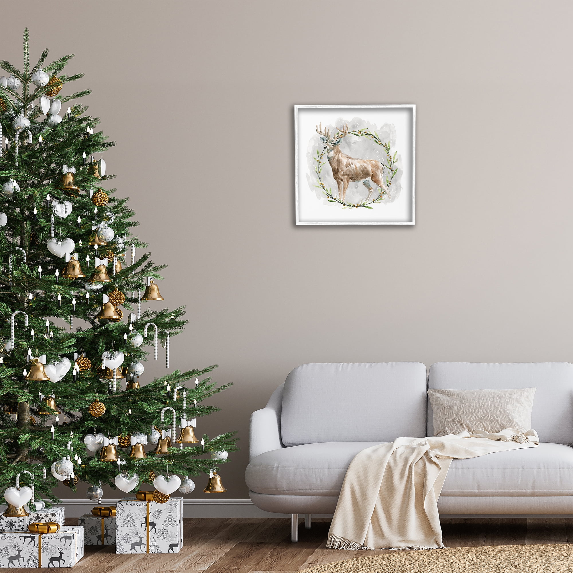 Stupell Industries Rustic Deer with Wreath Animals & Insects Painting White Framed Art Prints Wall Art, 24 x 24