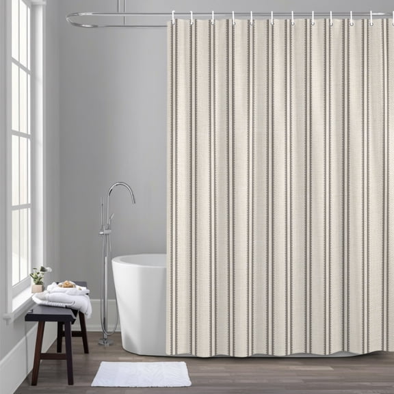 Ticking Stripe 72x96 Inches Waterproof Shower Curtain, Minimalist Vertical Lines Beige Linen Texture Bath Curtain Set with 12 Hooks Washable Shower Curtains for Bathroom Bathtub Decor