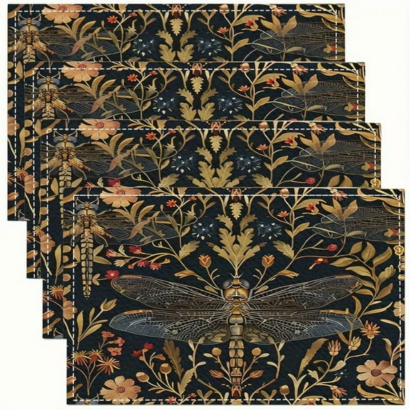 4pcs Vintage Floral Dragonfly Print Placemats Table Mats Durable Washable Rustic Linen Vintage Placemats for Home Dinner Party Camping Wedding Table Decoration 12 x 18 inches