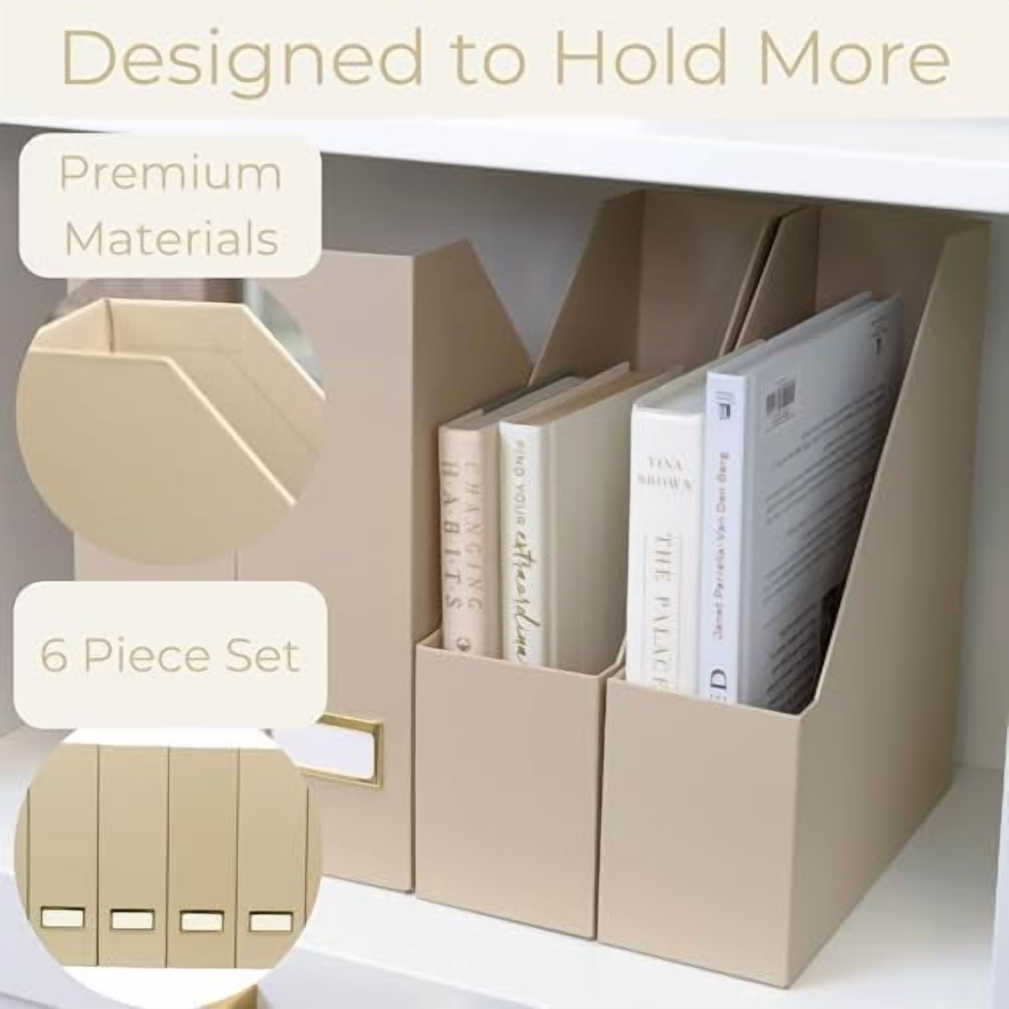| Set of 6 Foldable Taupe Magazine File Holders with Label Holders | Vertical File Organizer & File Storage Boxes for Desk, Shelves & Home Office
