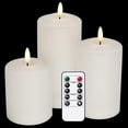 thumbnail image 1 of GenSwin 3D Wick Flameless Flickering Candles Battery Operated with Remote Timer, Real Wax Pillar LED Votive Candles Warm Light, Set of 3 Party/Wedding/Home Decor(White, D3â€ x H4.6â€ 5.8â€ 6.8â€), 1 of 15