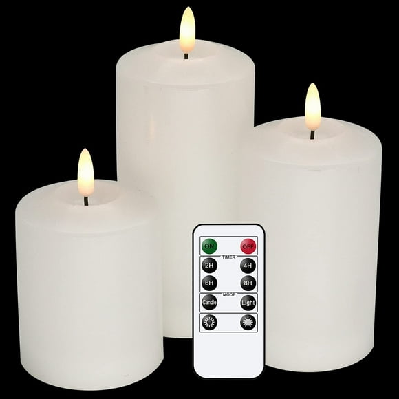 GenSwin 3D Wick Flameless Flickering Candles Battery Operated with Remote Timer, Real Wax Pillar LED Votive Candles Warm Light, Set of 3 Party/Wedding/Home Decor(White, D3â€ x H4.6â€ 5.8â€ 6.8â€)
