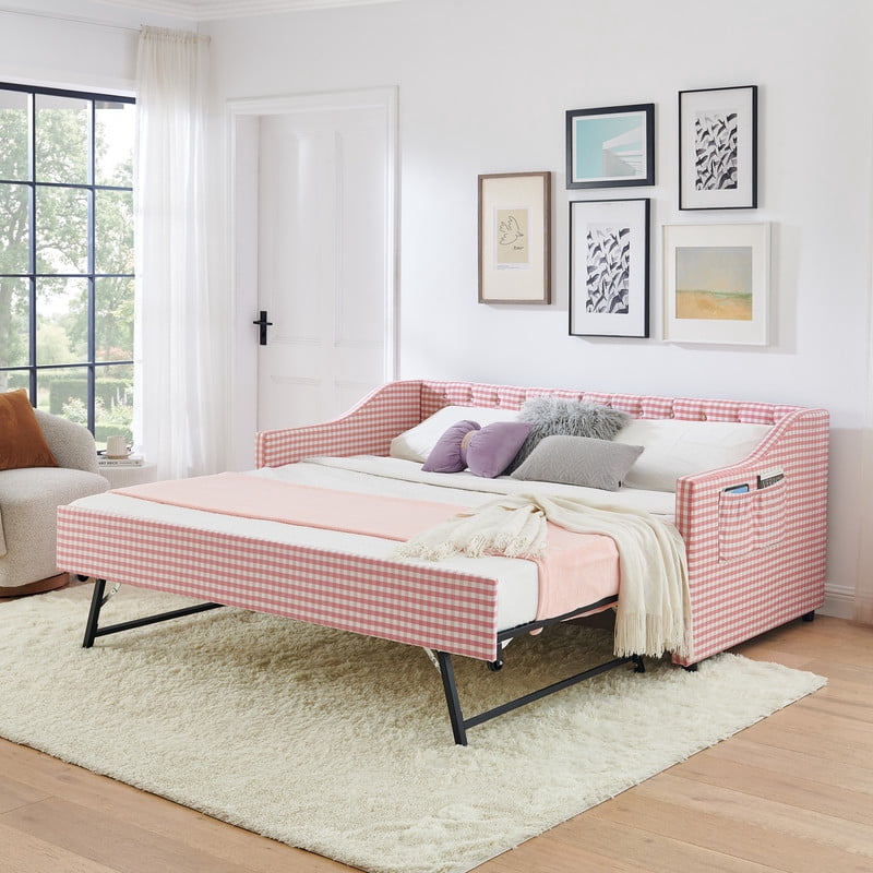 Twin Size Daybed with Pop Up Trundle, Gingham Upholstered Daybed Frame with Tufted Button Backrest and Side Storage Pocket, Modern Sofa Bed for Living Room Bedroom