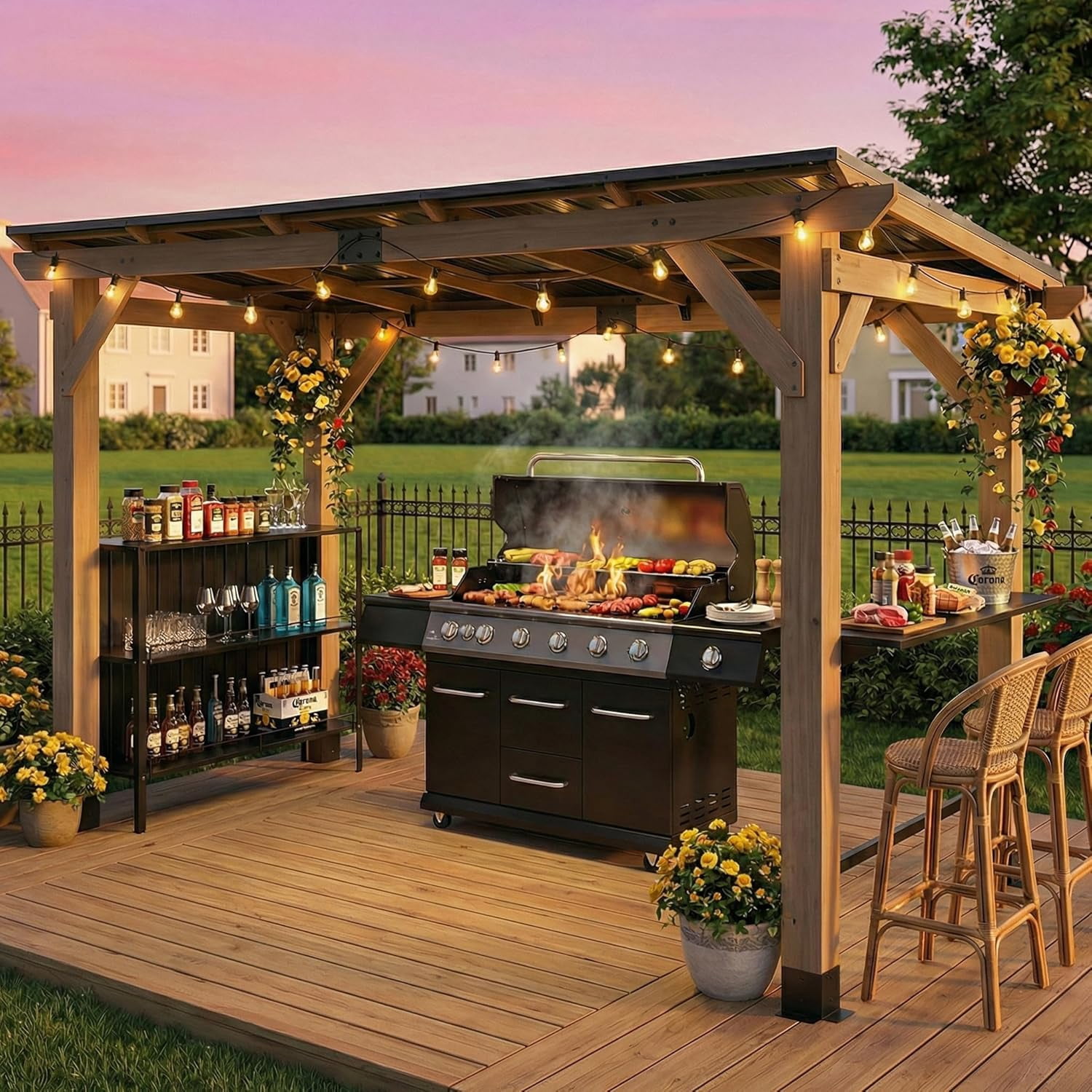CHARMELEON 6 Ft. x 12 Ft. Cedar Wood Grill Gazebo with Storage Cabinet & Bar Counter, Permanent BBQ Pavilion with Galvanized Steel Roof for Patio, Backyard, Garden, Deck