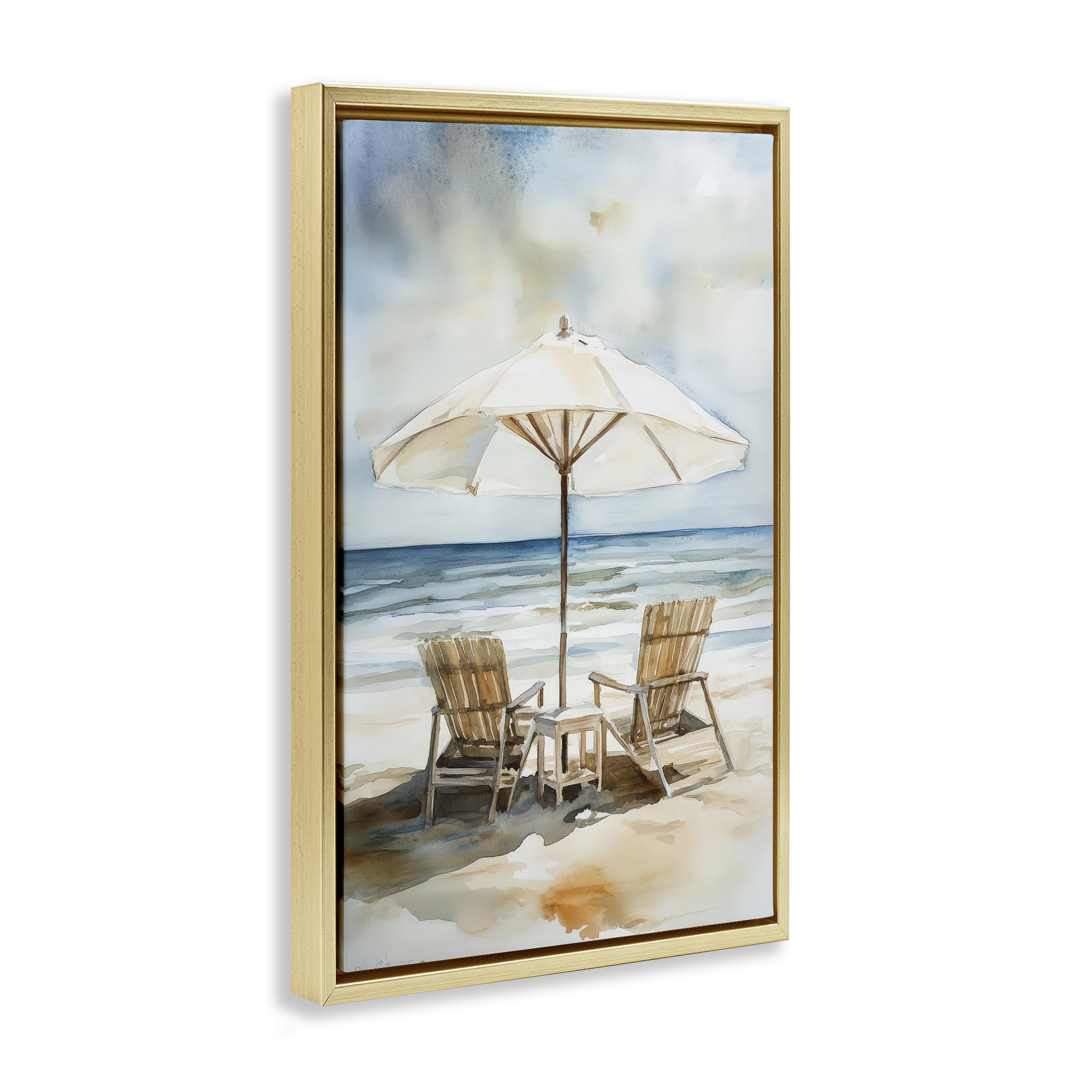 Stupell Industries Watercolor Paradise Beach Scene Gold Framed Floater Canvas Wall Art, design by Petal Prints Design
