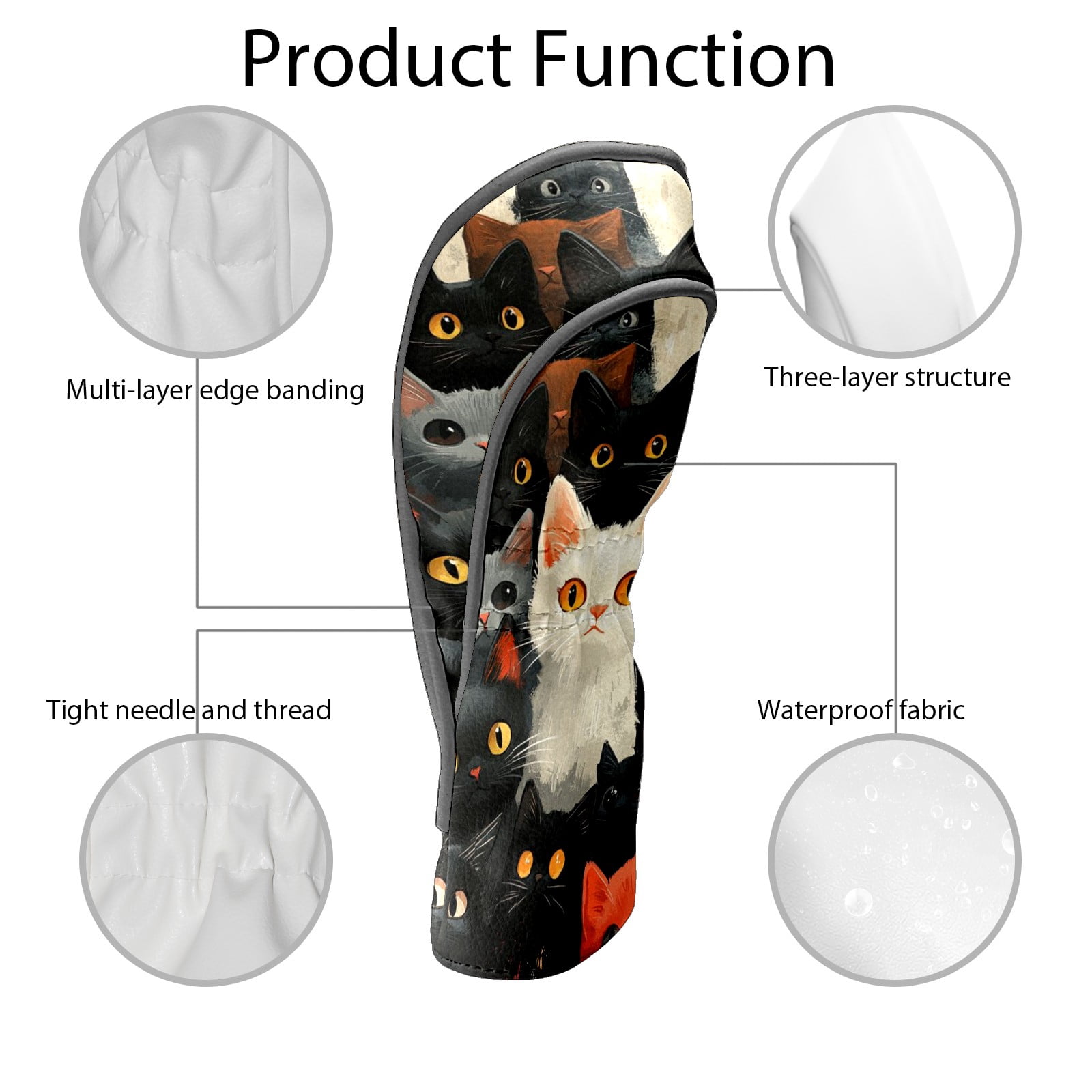 Golf Club Covers PU Leather Waterproof Head Covers for Fairway Woods Hybrids Black And White Cat Pattern Unisex Fits Most Brands