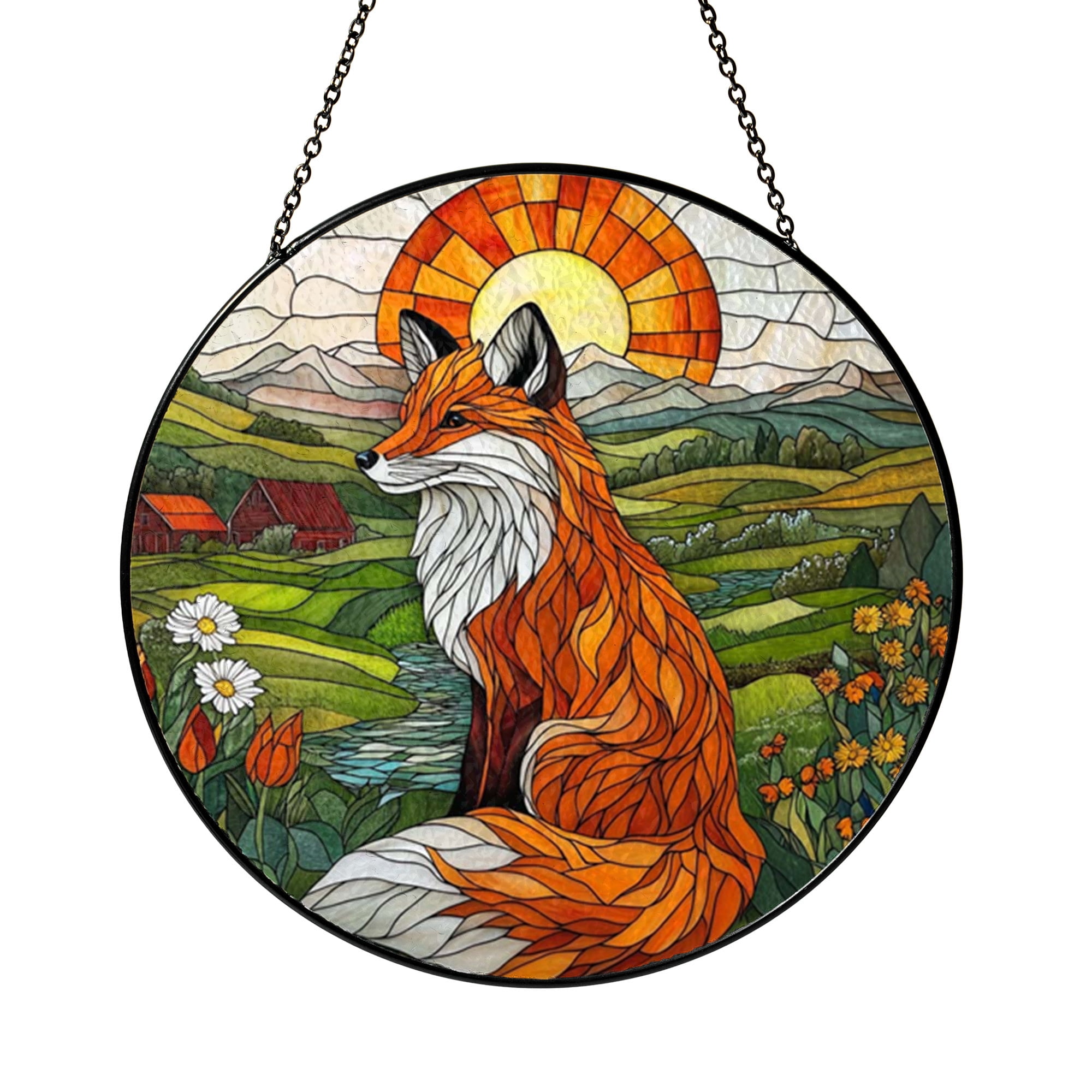 Green Hills Landscape with Majestic Fox Window Suncatcher Stained Glass Style Woodland Art Hanging Decor Serene Nature Inspired Home Gift