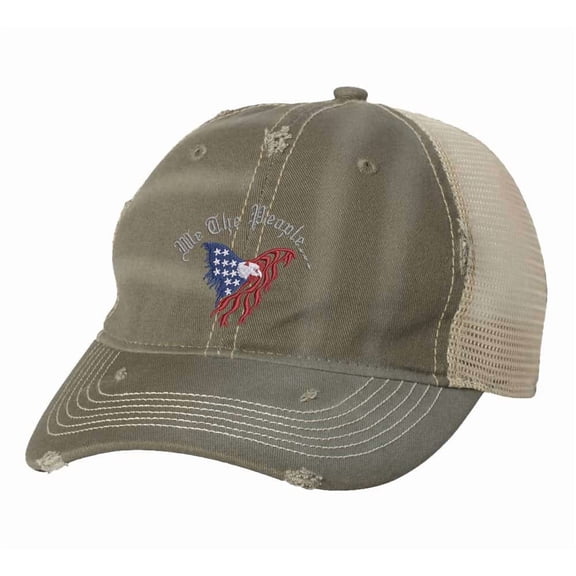 Constitutional Eagle Trucker Hat We The People American Flag Distressed Cap (Olive)