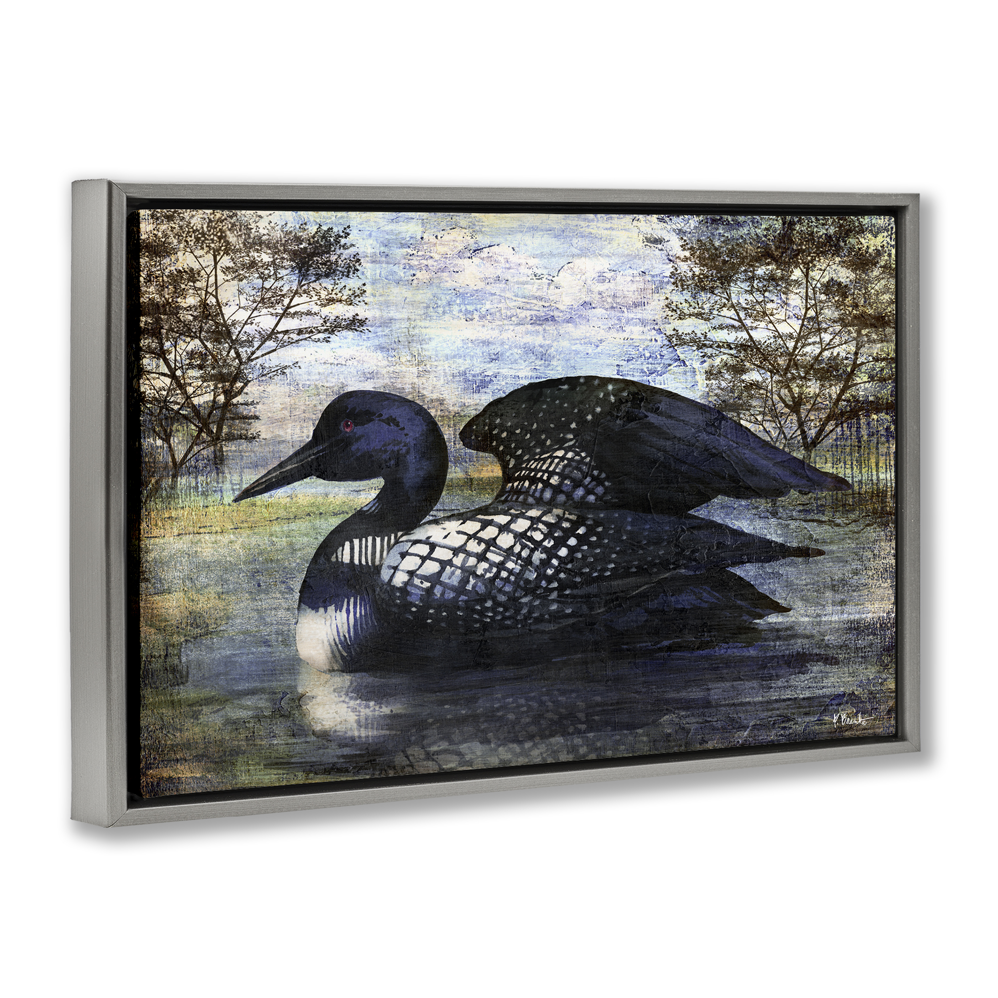 Stupell Industries Loon in Rustic Pond Animals Painting Gray Floater Framed Canvas Art Print Wall Art, 25 x 17