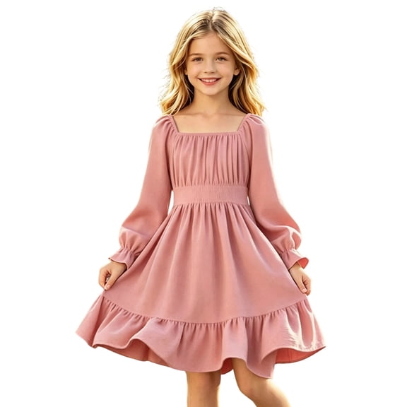 Abcomgle Long Sleeve Dress girls 7-8 Pleated Smocked Lantern Sleeve Sundress Casual Square Neck A-Line Dresses Cute Flowy Tiered Beach Midi Dress