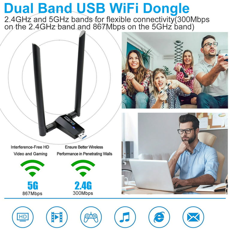 1200Mbps USB WiFi Adapter for Desktop or PC, TSV Dual Band 2.4G