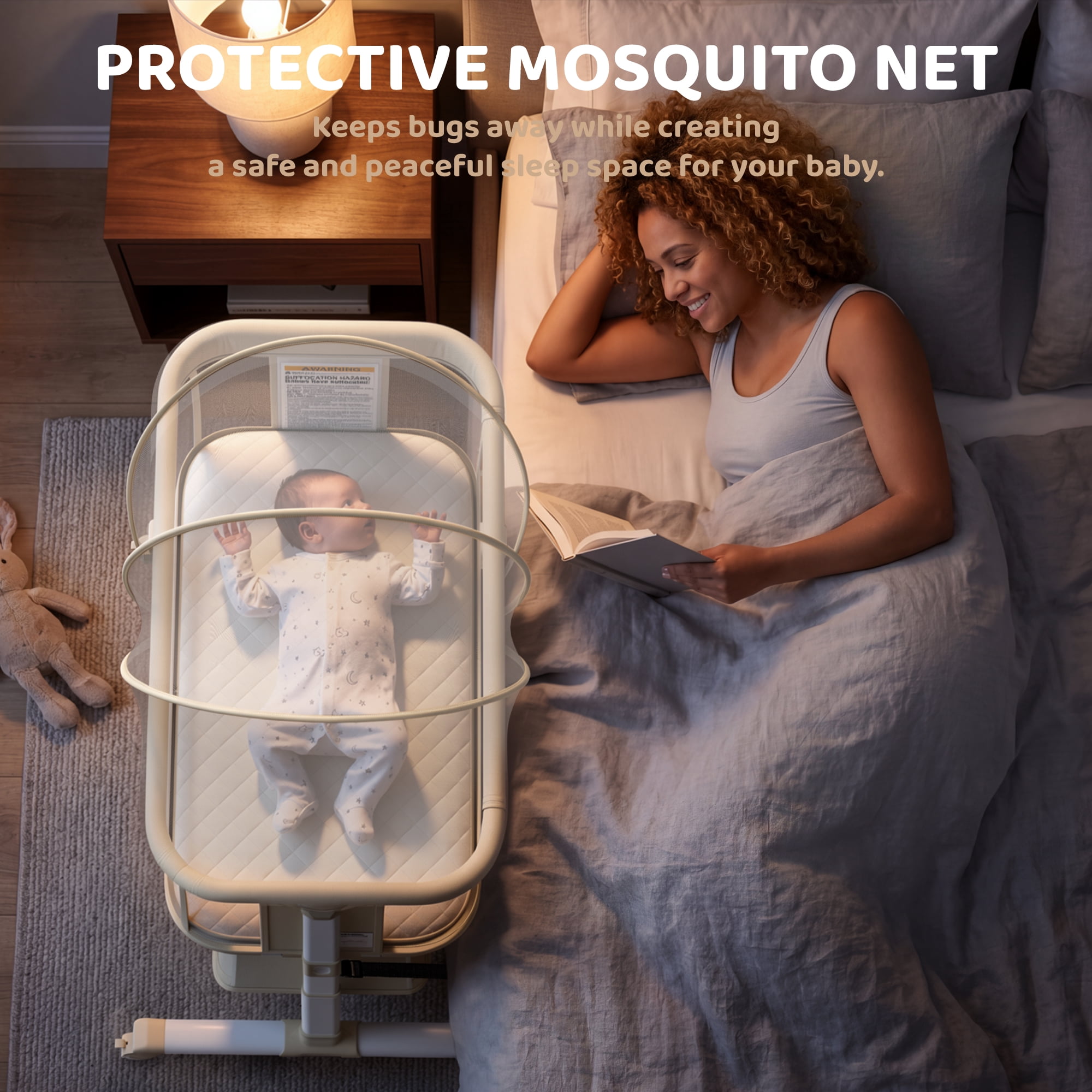 AILEEKISS Bedside Bassinet for Newborn, 6 Height Adjustable Baby Bassinet with Mosquito Net, Beige