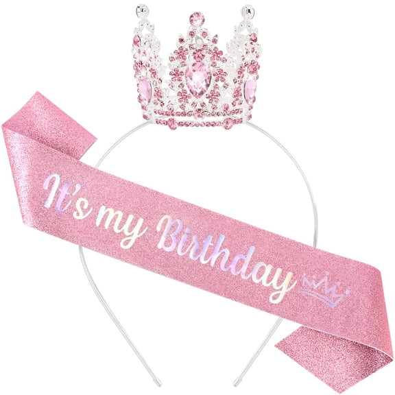 It's My Birthday Sash for Women Tiara & Crowns Headbands for Girls Happy Birthday Party Accessories Favor Supllies Leona Pink Silver, 2 Pack