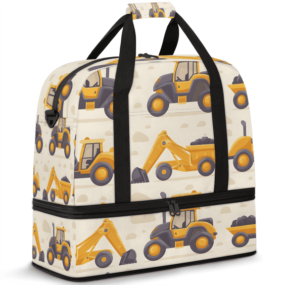 Herdesigns Construction Trucks Foldable Travel Duffle Bag for Women and Men Lightweight Carry On Overnight Bag Yellow Gym Luggage Weekender Bags with Shoe Compartment