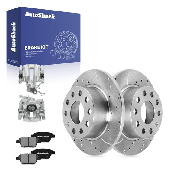 AutoShack Rear Solid Drilled & Slotted Silver Zinc Coated Brake Rotors   Ceramic Pads   Calipers 8-PC Brake Kit Replacement for 2013 Volkswagen Beetle SilverShield Pro 9.96" (253 mm)