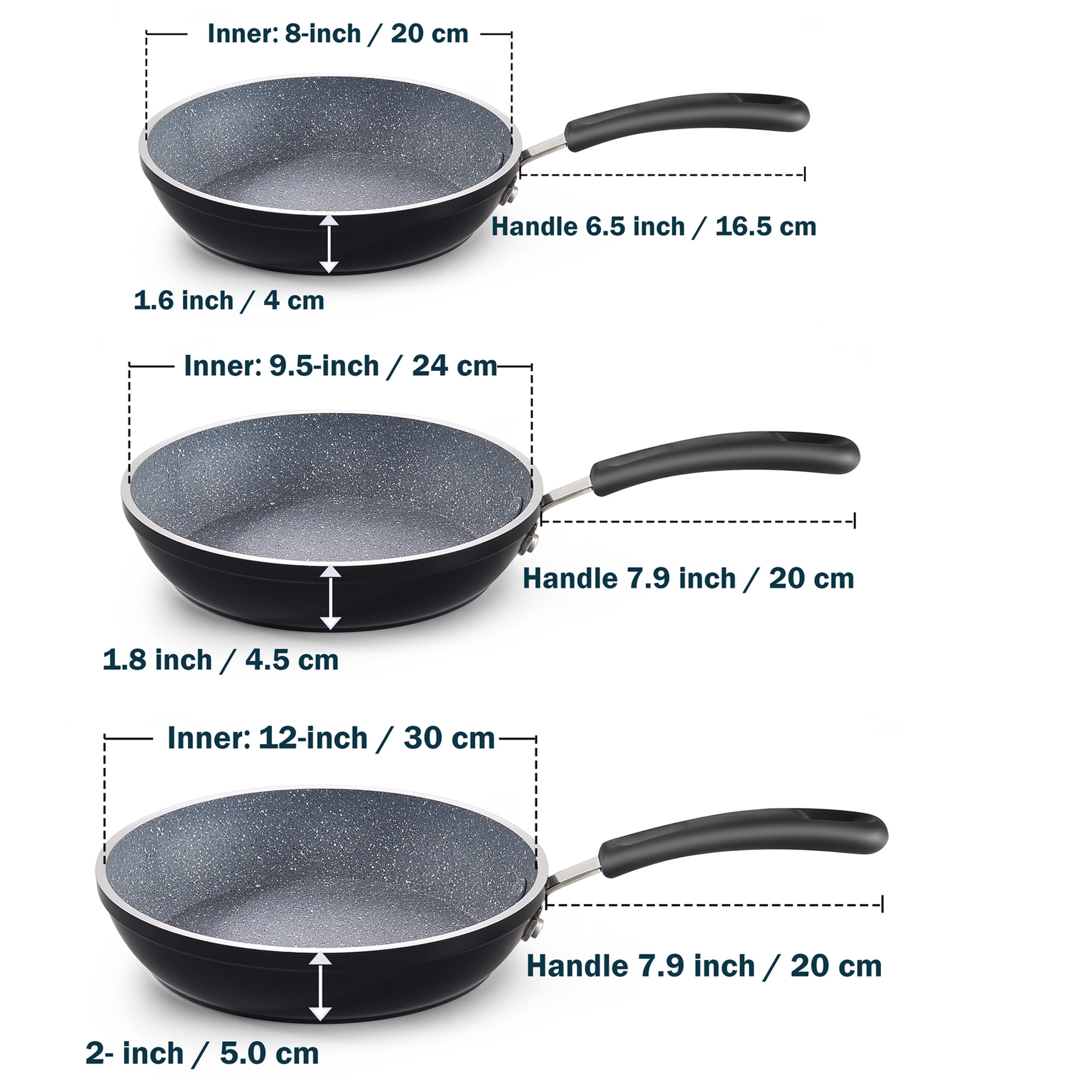 Cook N Home Professional 8/10/12 Inch Heavy Nonstick Frying Pan Set, Skillets with Non-Stick Coating, Induction, Compatible with All Cooktops, 3-Piece, Black/Marble